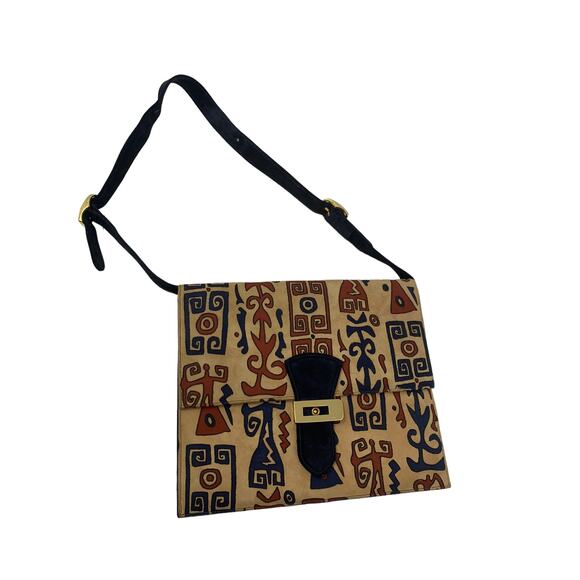 Saks Fifth Avenue Black Multicolor Suede Print Buckle Closure Purse - Picture 8 of 14